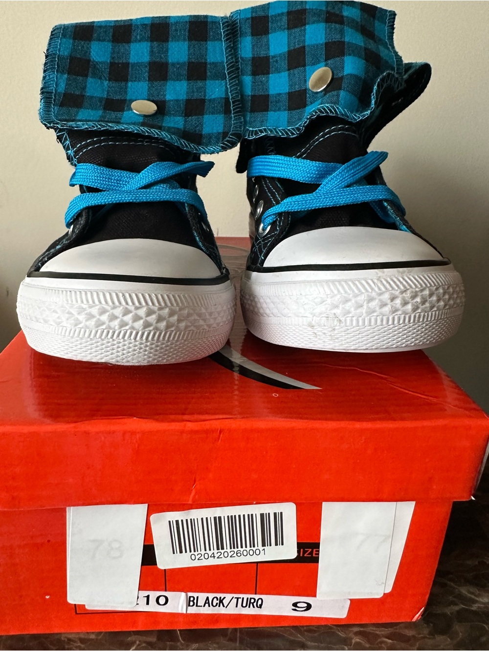 Collection 'O' High Top Canvas Sneakers - Black & Turquoise Plaid Fold-Over